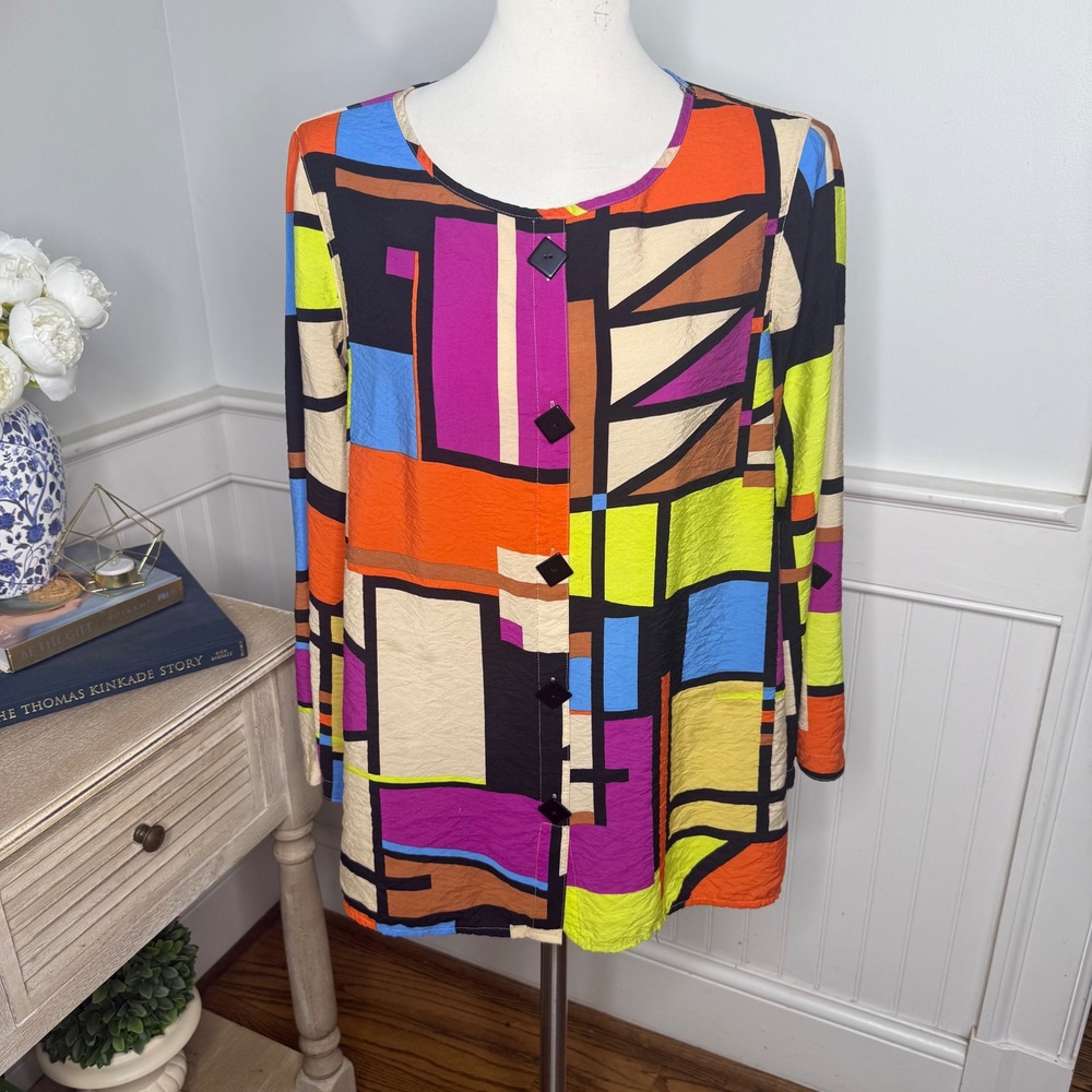 Ali Miles Womens Geometric Colorblock Crinkle Tunic Top Multicolor Size M